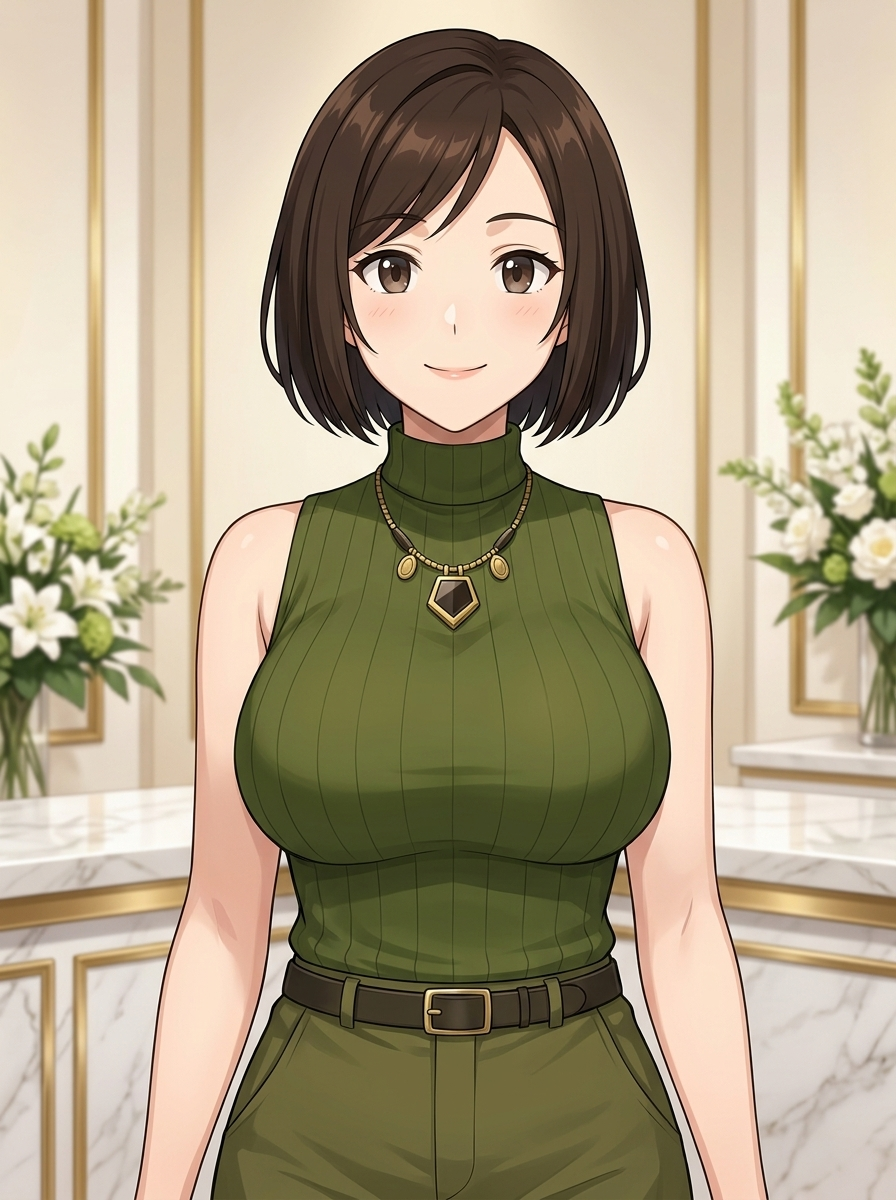 オリーブのリブニットを着用し、シルエットと着心地をご紹介する梨乃