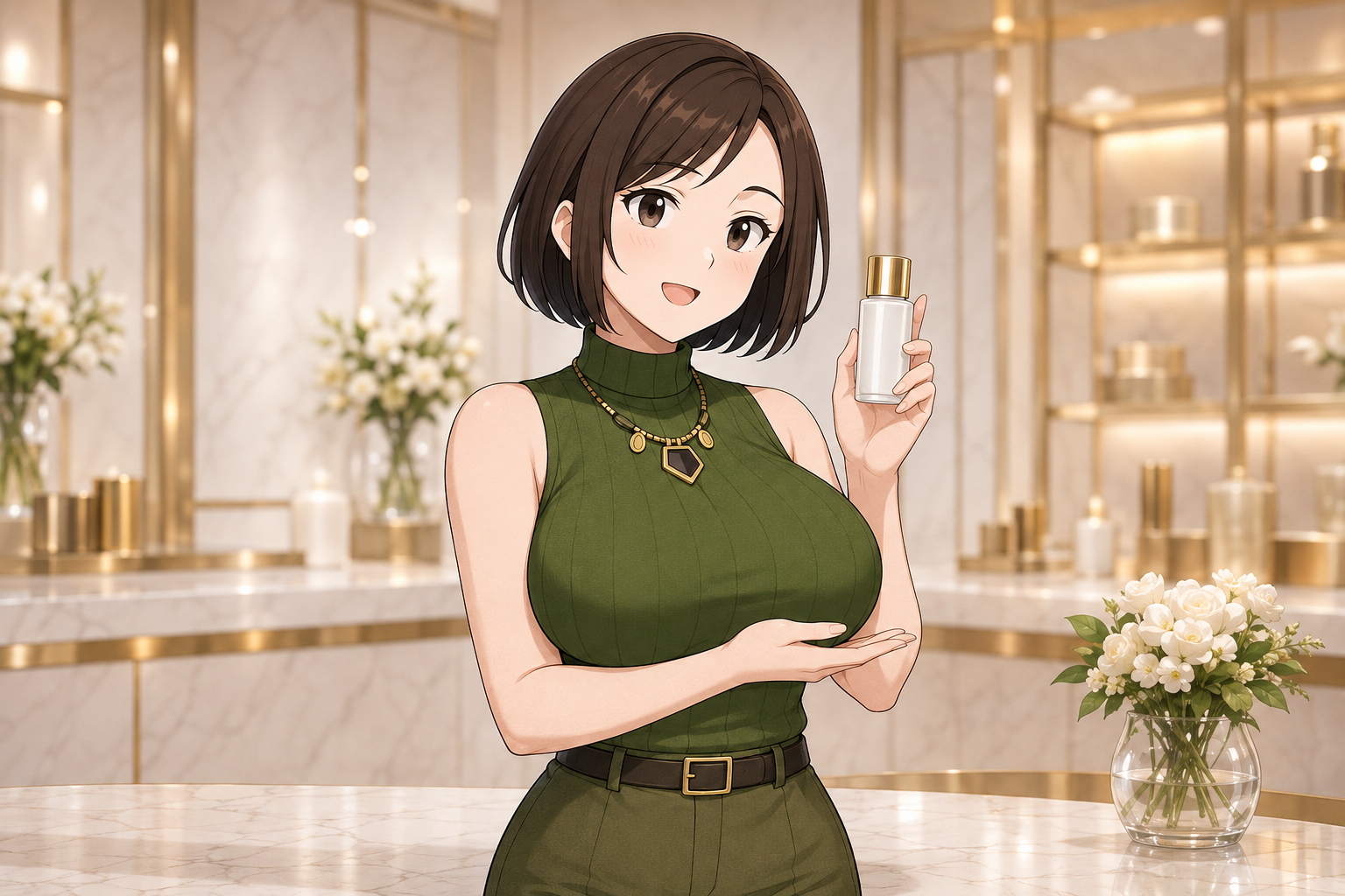 白い美容ボトルを肩の高さで見せながら説明する梨乃