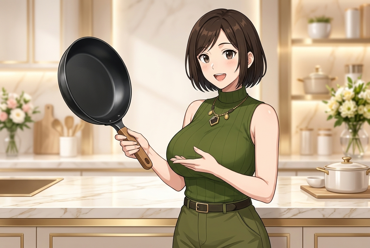 フライパンを掲げ、楽しそうに使い心地をご紹介する梨乃