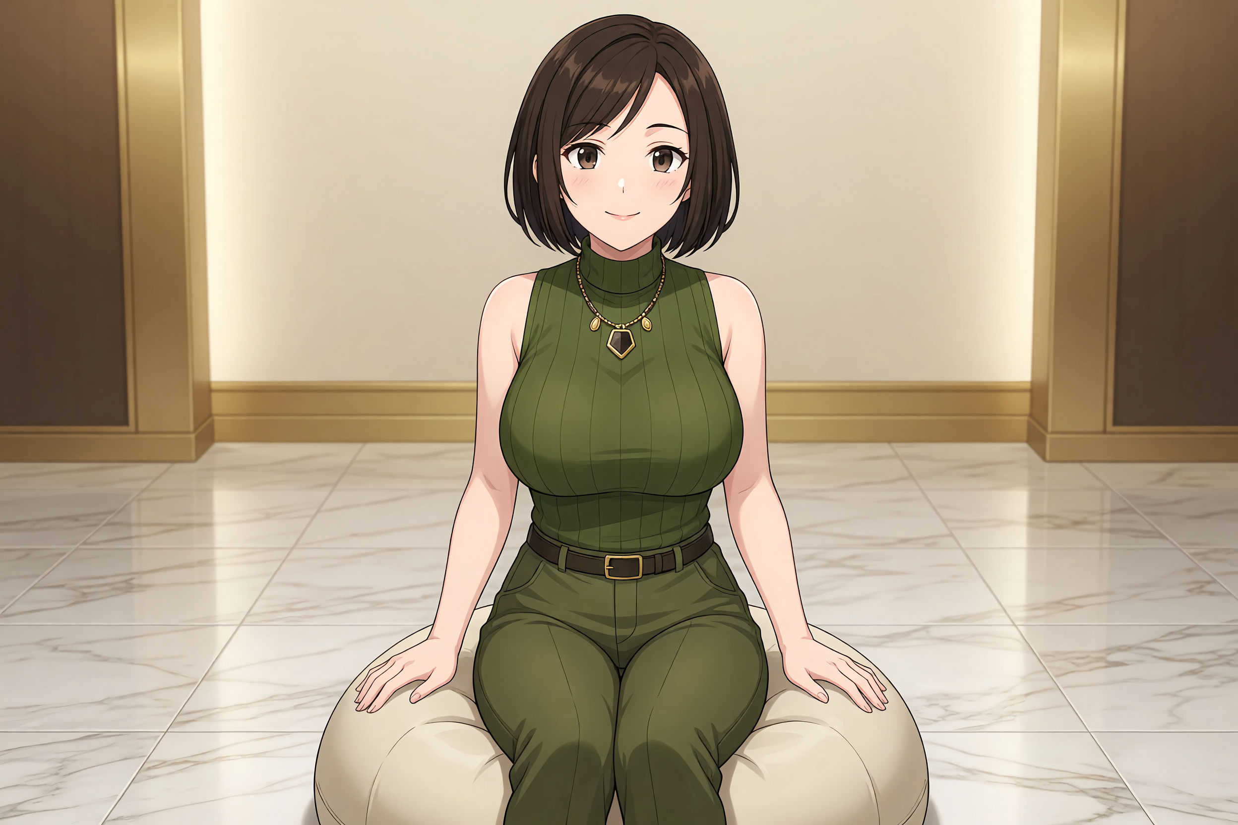 バランスボールに手を添え、おうちでの体幹ケアを実演する梨乃